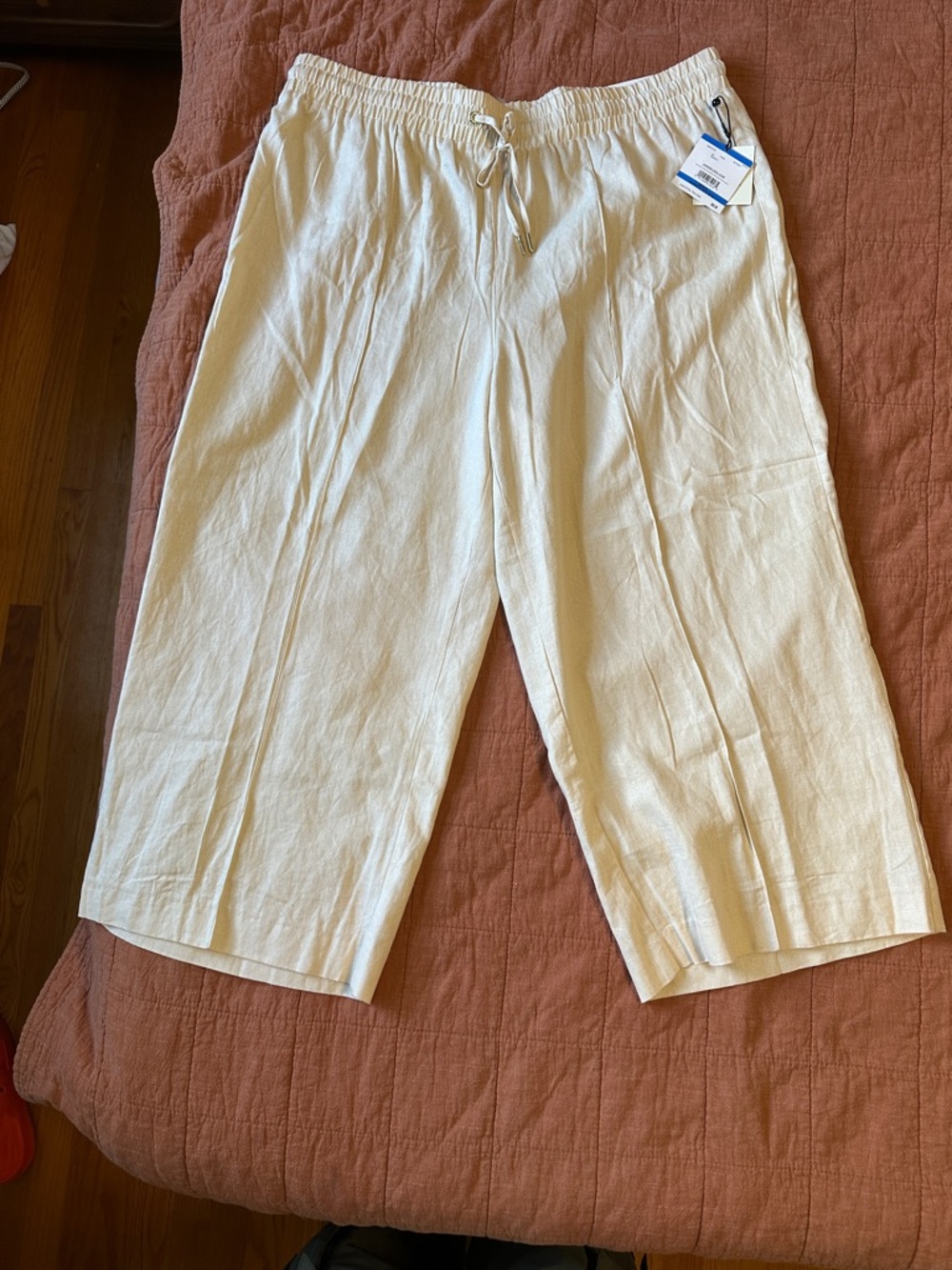 Anne Klein Cream Wide-Leg Drawstring Linen Pants